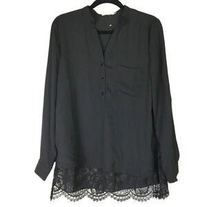 Mustard Seed Black Lace Back Roll Tab Long Sleeve Blouse K5895 Small NWOT